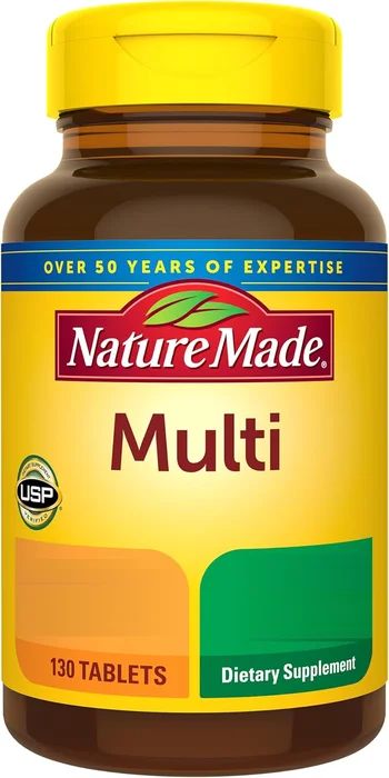 Front of a 130-tablet Nature Made Multi bottle with a yellow cap and amber glass